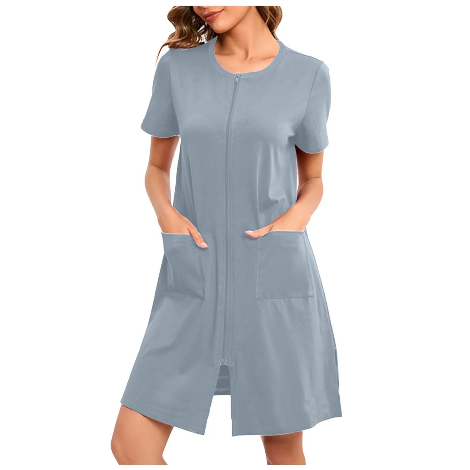 Women's Lightweight Zip-Front Short-Sleeve Robe with Pockets in Black, view 12