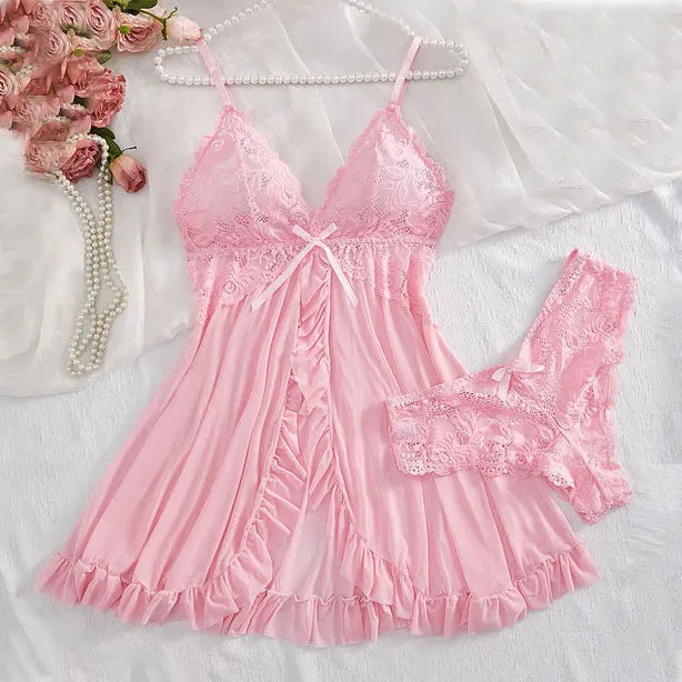 Summer Soft Sheer Nighty Pajamas Nightgowns Dark Green Halter Dress Women Sleepwear Sexy Nightdress Thong Sets