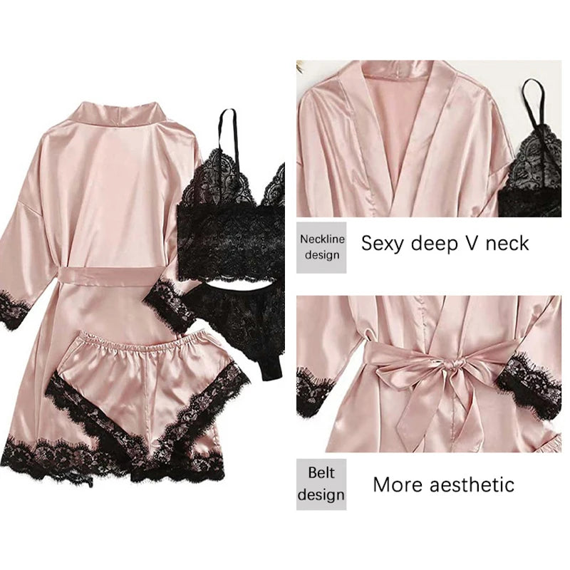 Women's 4-Piece Sleepwear Pajama Set with Lace Robe