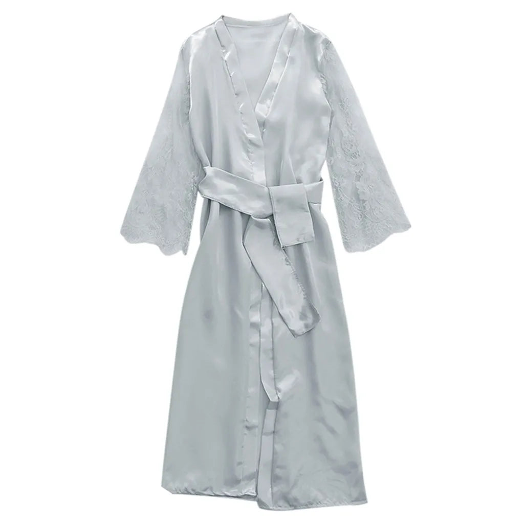 Women's Long Satin Lace Bridal Robe with Belt in Grey, view 3