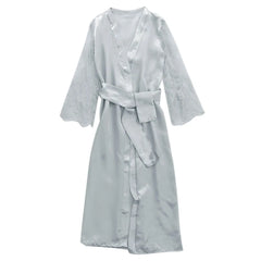 Women's Long Satin Lace Bridal Robe with Belt in Grey, view 3