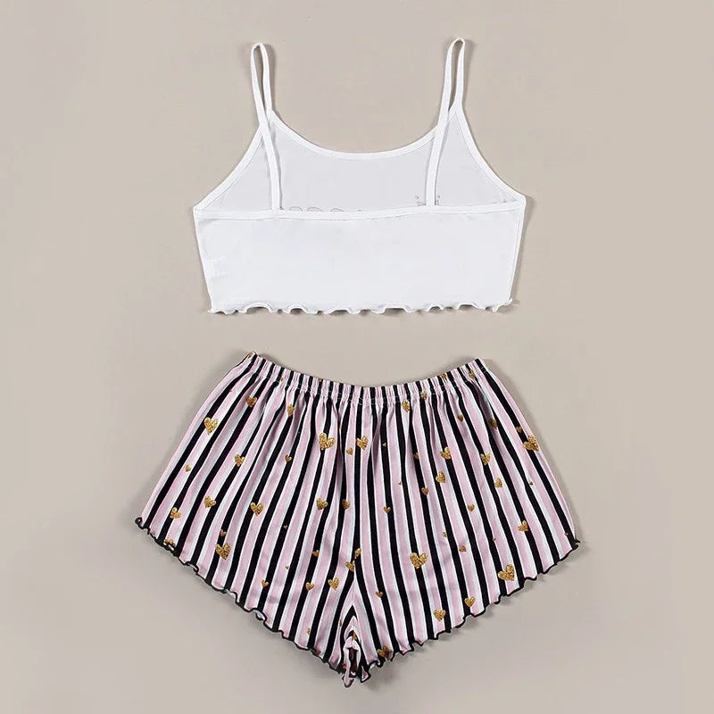 Summer Pajamas Set Women Sleepwear Sexy Lingerie Casual Sleeveless Striped Tank Top Vest + Shorts Set Pijamas Homewear