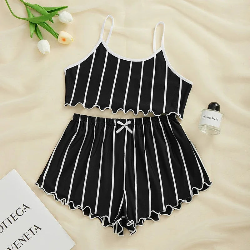 Summer Pajamas Set Women Sleepwear Sexy Lingerie Casual Sleeveless Striped Tank Top Vest + Shorts Set Pijamas Homewear