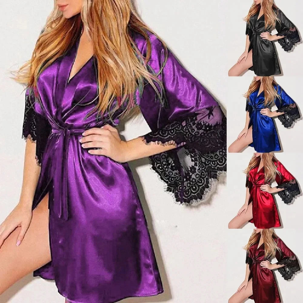 Women's Floral Lace Satin Robe & Nightdress Set in PURPLE, view 8