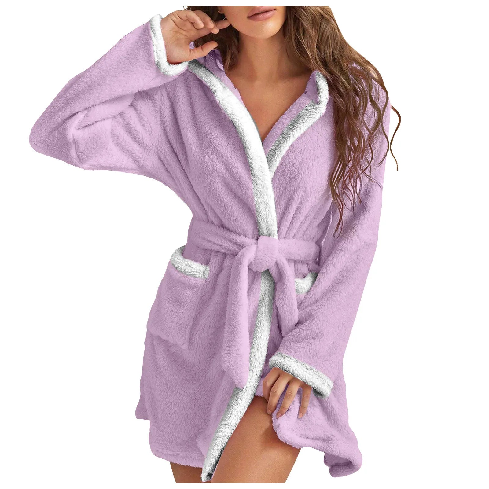 Women's Hooded Coral Fleece Warm Robe in Black, view 7