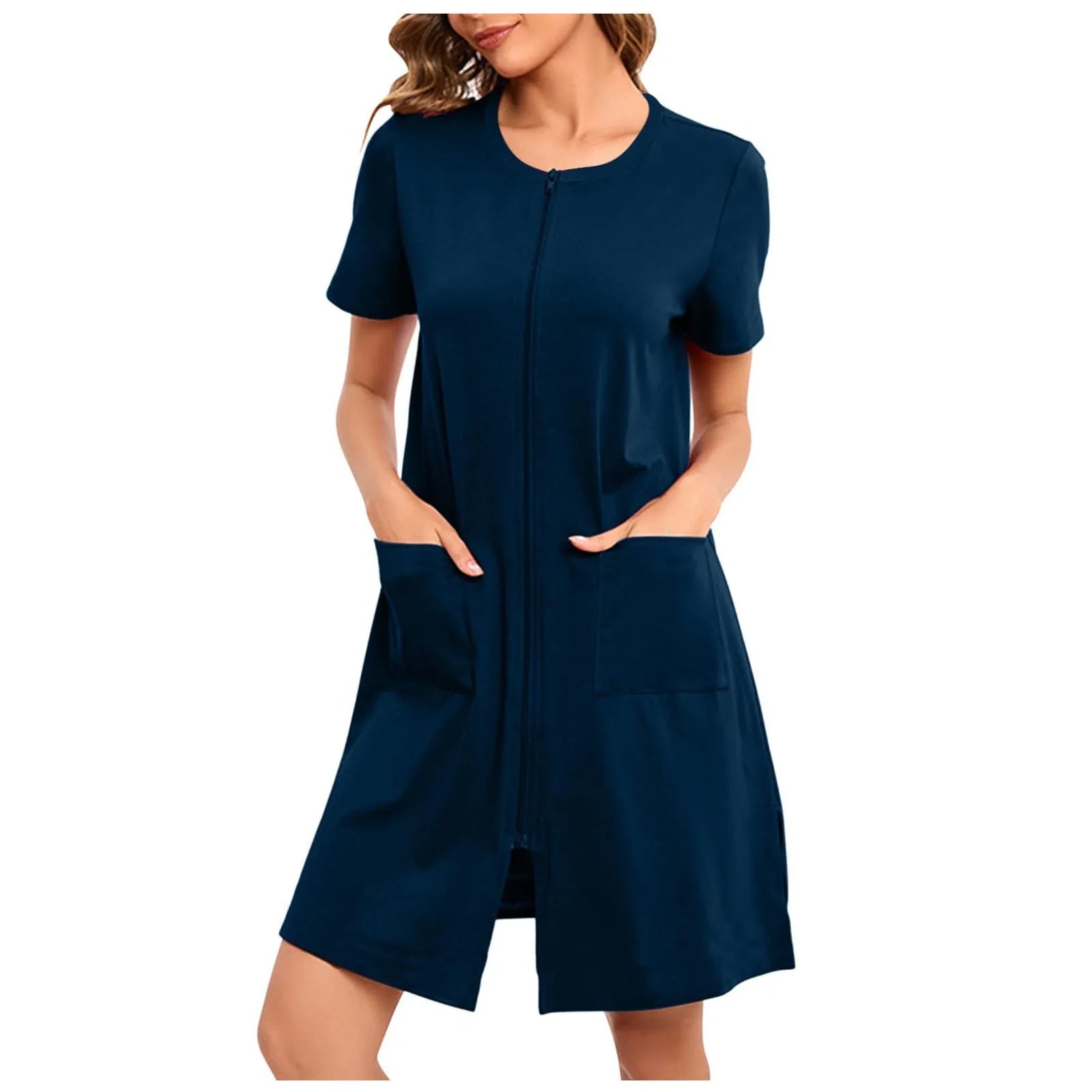 Women's Lightweight Zip-Front Short-Sleeve Robe with Pockets in Black, view 10