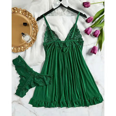 Summer Soft Sheer Nighty Pajamas Nightgowns Dark Green Halter Dress Women Sleepwear Sexy Nightdress Thong Sets