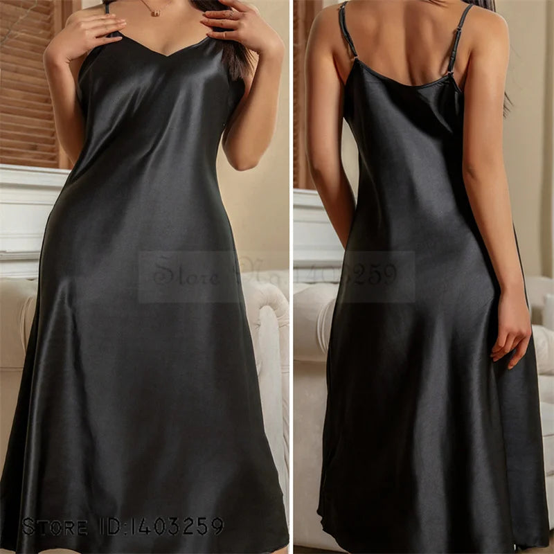 Female Long Nightgown Chemise Sleepwear Sexy Suspender Nightdress Intimate Lingerie Summer Women Satin Home Clothes Loungewear
