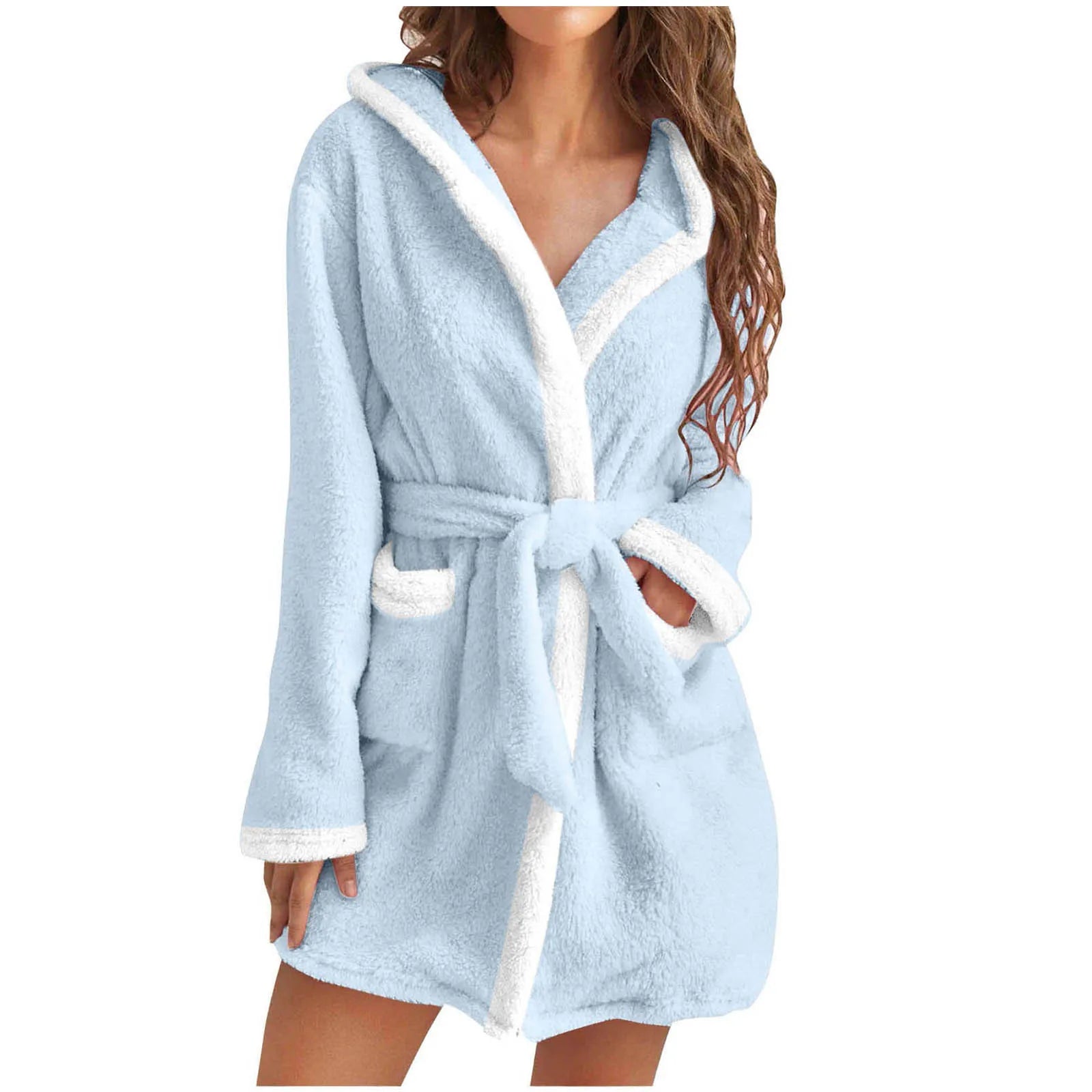 Women's Hooded Coral Fleece Warm Robe in Black, view 8