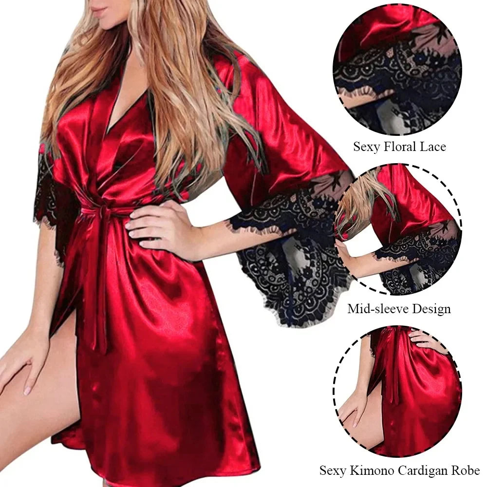 Women's Floral Lace Satin Robe & Nightdress Set in WHITE, view 9