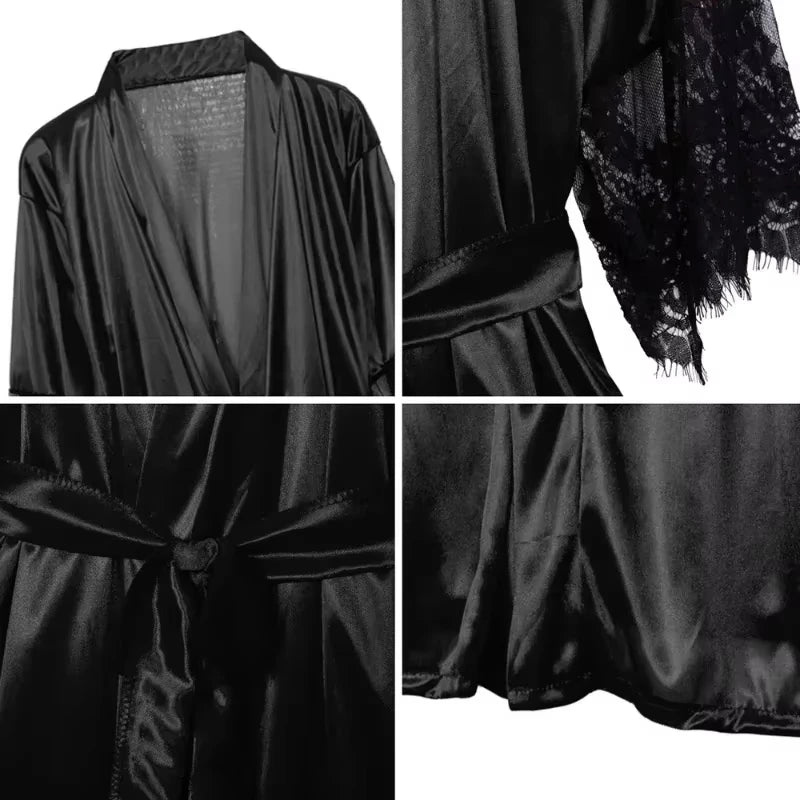 Women's Floral Lace Satin Robe & Nightdress Set in Wine Red, view 5