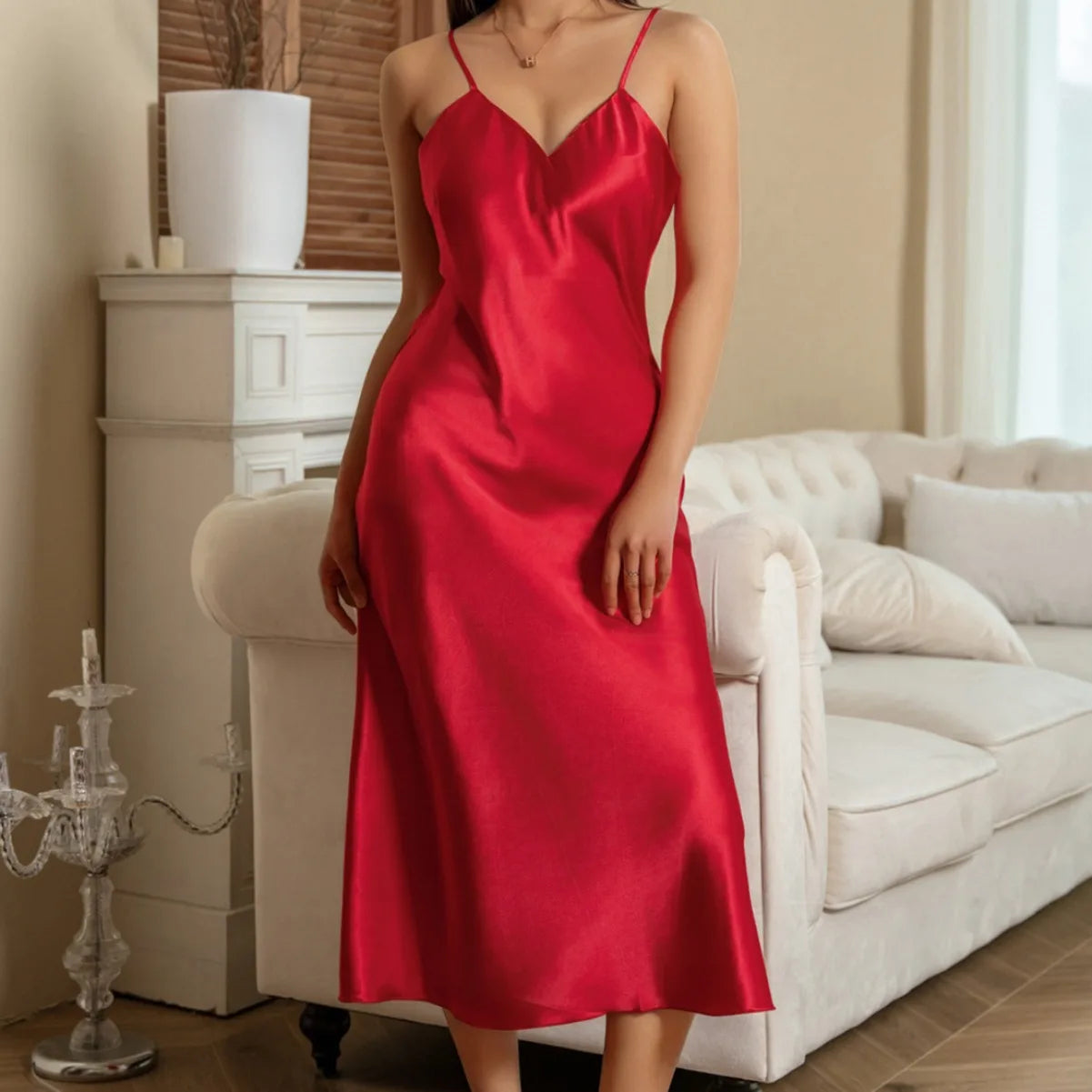 Female Long Nightgown Chemise Sleepwear Sexy Suspender Nightdress Intimate Lingerie Summer Women Satin Home Clothes Loungewear
