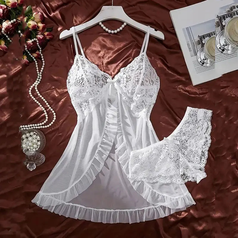 Summer Soft Sheer Nighty Pajamas Nightgowns Dark Green Halter Dress Women Sleepwear Sexy Nightdress Thong Sets