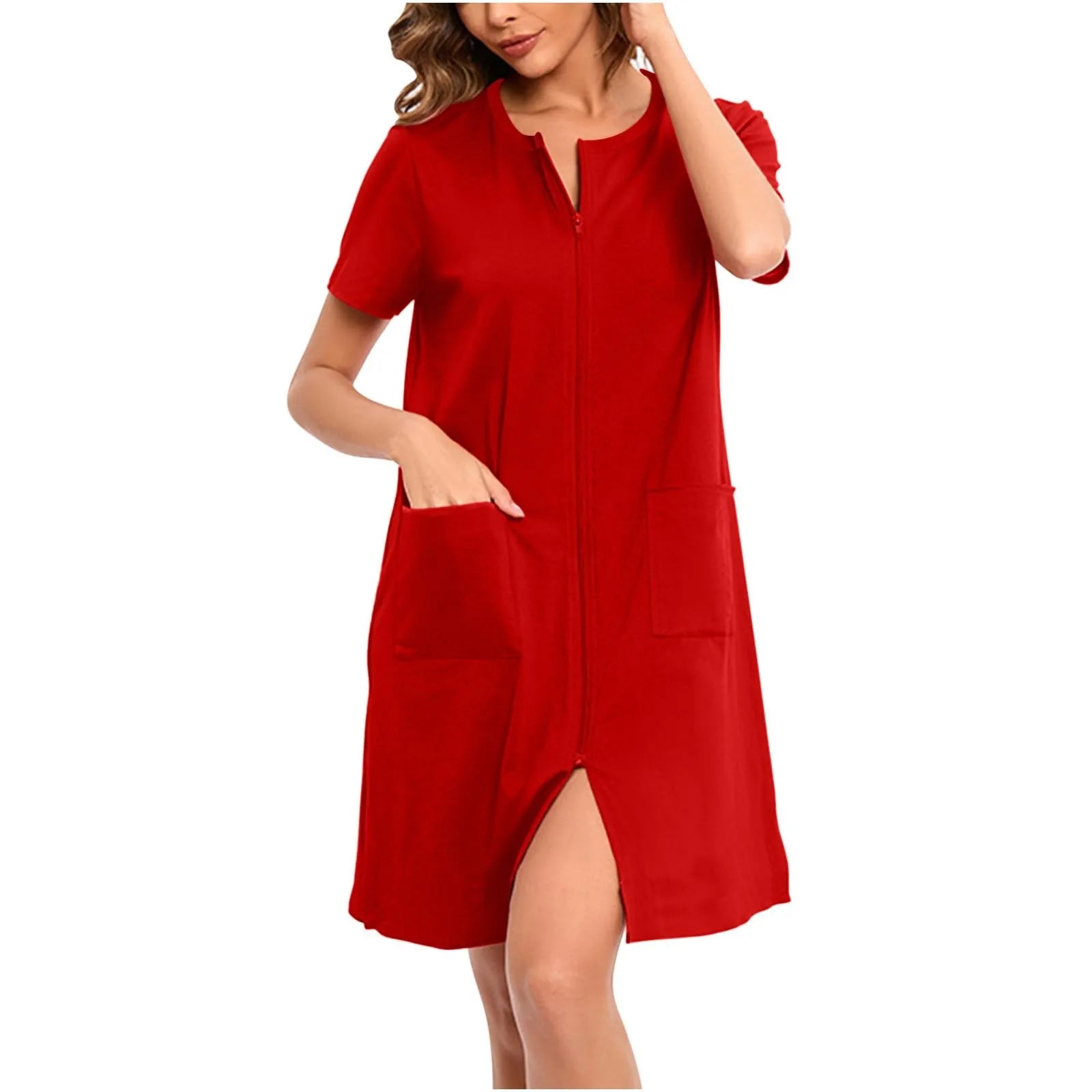 Women's Lightweight Zip-Front Short-Sleeve Robe with Pockets in Light Green, view 18