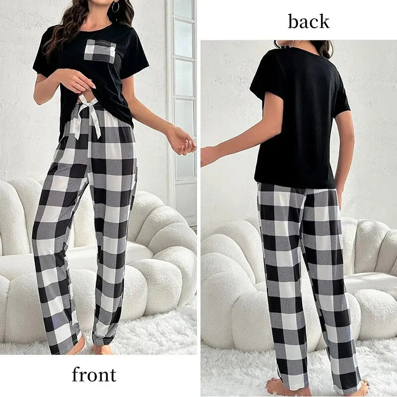 Printed Checkered Long Pajama Set for Women