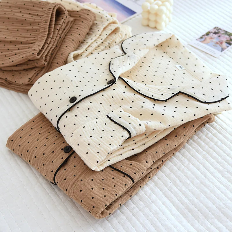 Polka Dot Print Cotton Gauze Pajama Set for Women