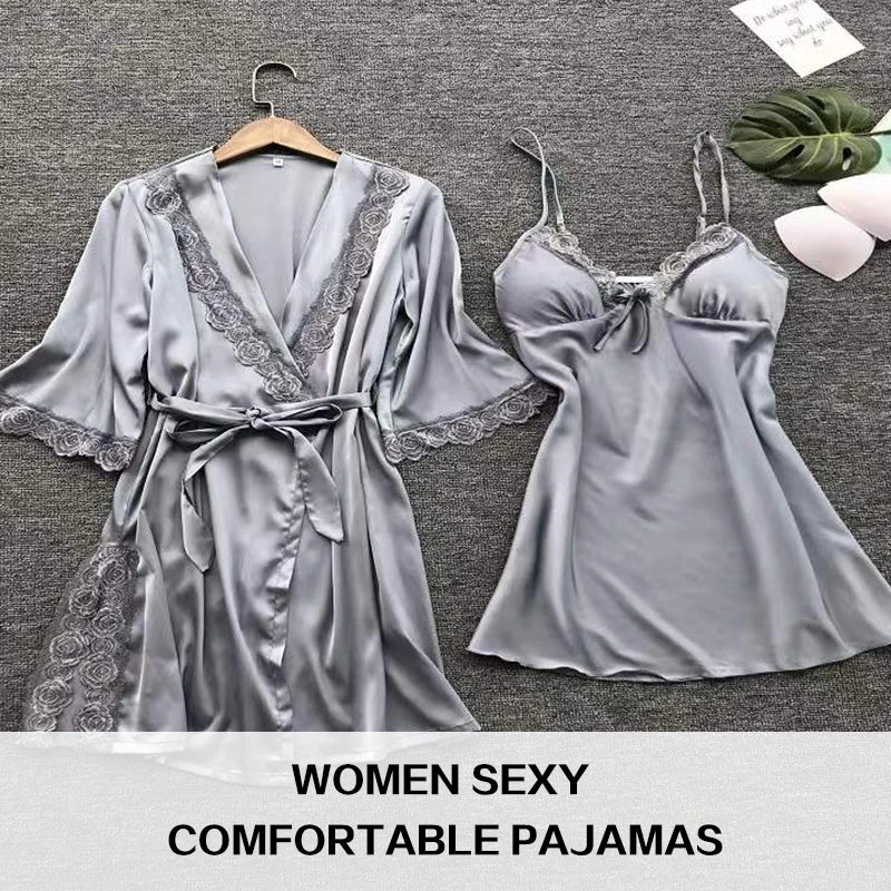 Women's Lace Robe and Pants Lingerie Set