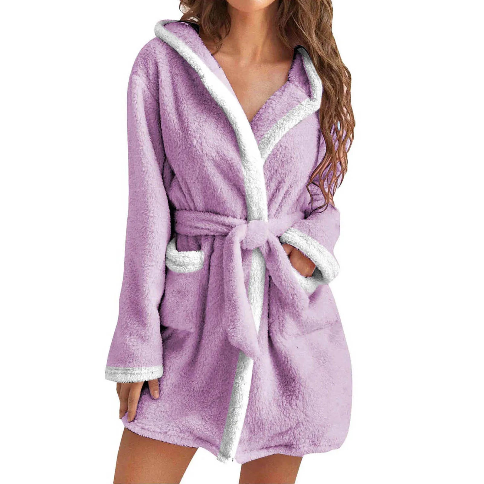 Women's Hooded Coral Fleece Warm Robe in Purple, view 17
