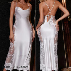 Female Long Nightgown Chemise Sleepwear Sexy Perspective Lace Nightdress Lingerie Summer New Satin Nightie Home Wear Loungewear
