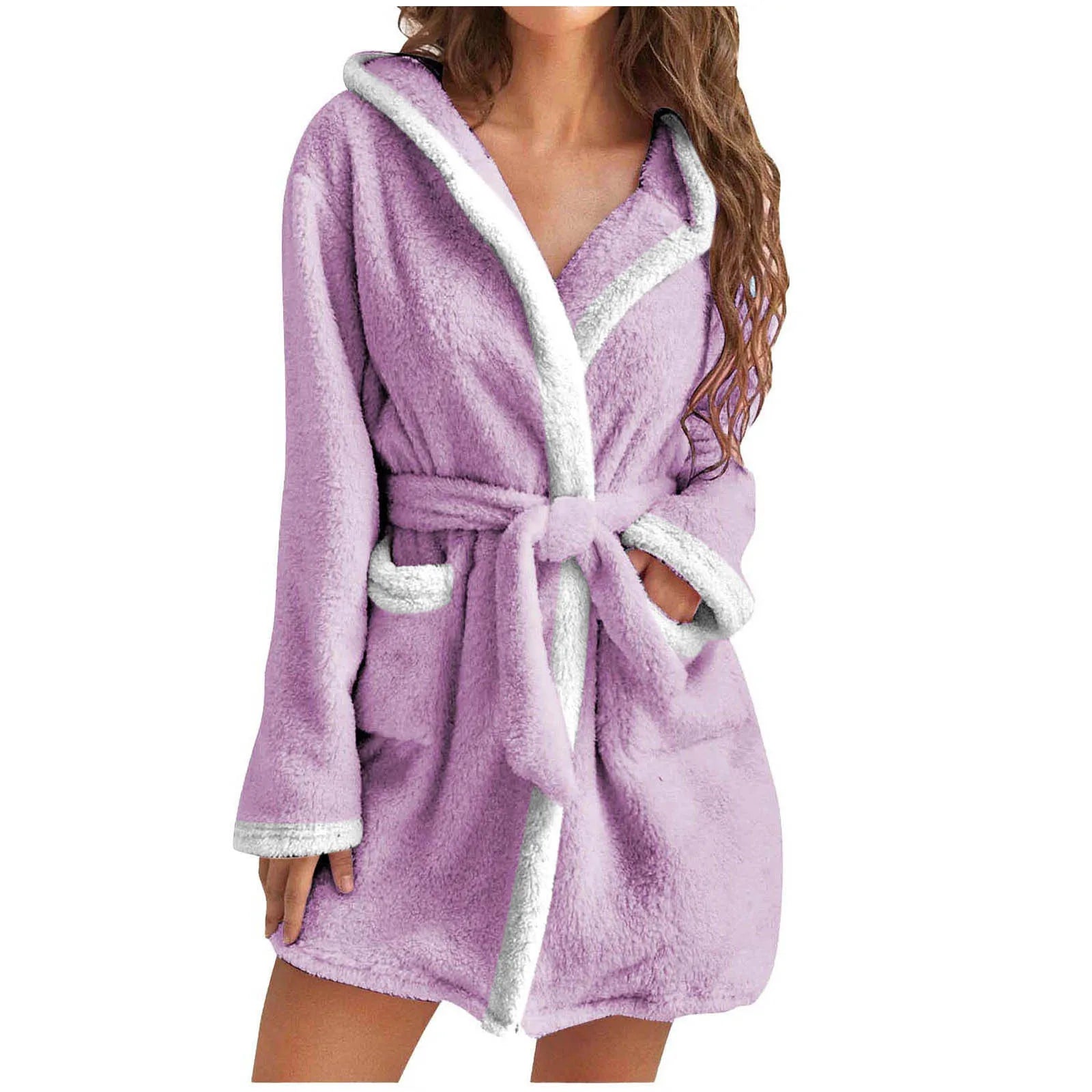 Women's Hooded Coral Fleece Warm Robe in AG, view 6