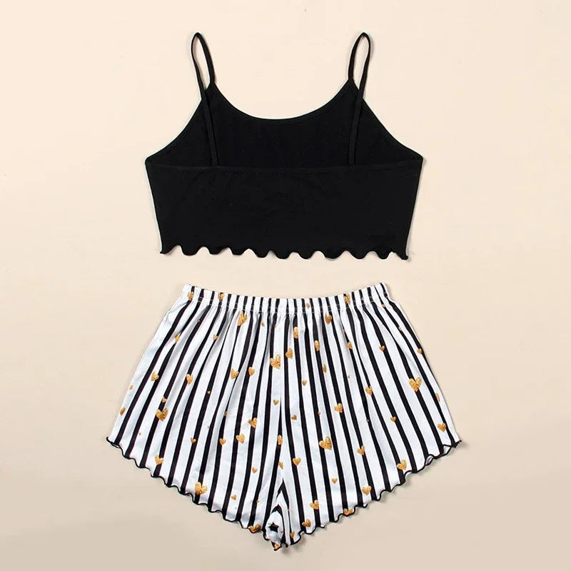 Summer Pajamas Set Women Sleepwear Sexy Lingerie Casual Sleeveless Striped Tank Top Vest + Shorts Set Pijamas Homewear