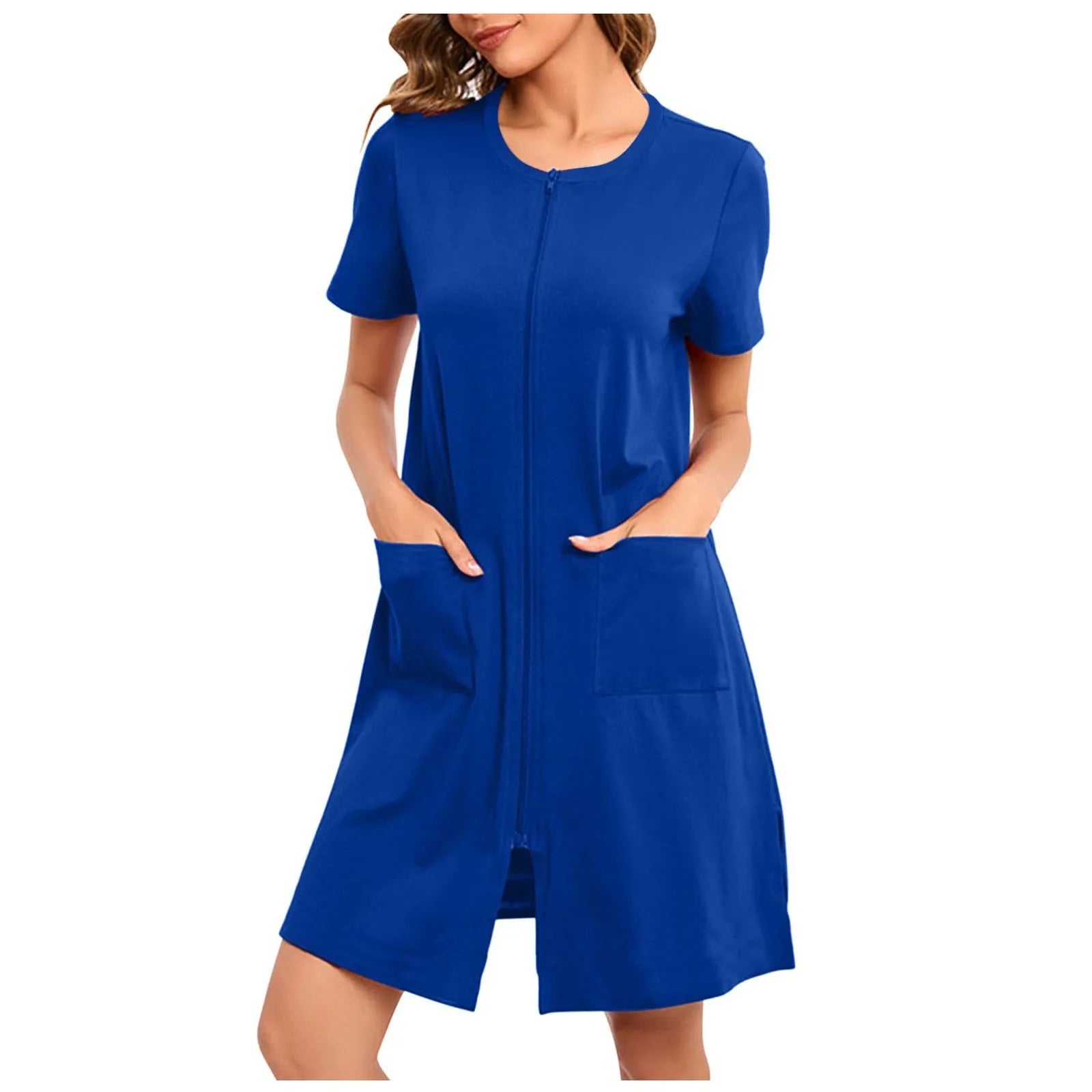 Women's Lightweight Zip-Front Short-Sleeve Robe with Pockets in Black, view 9
