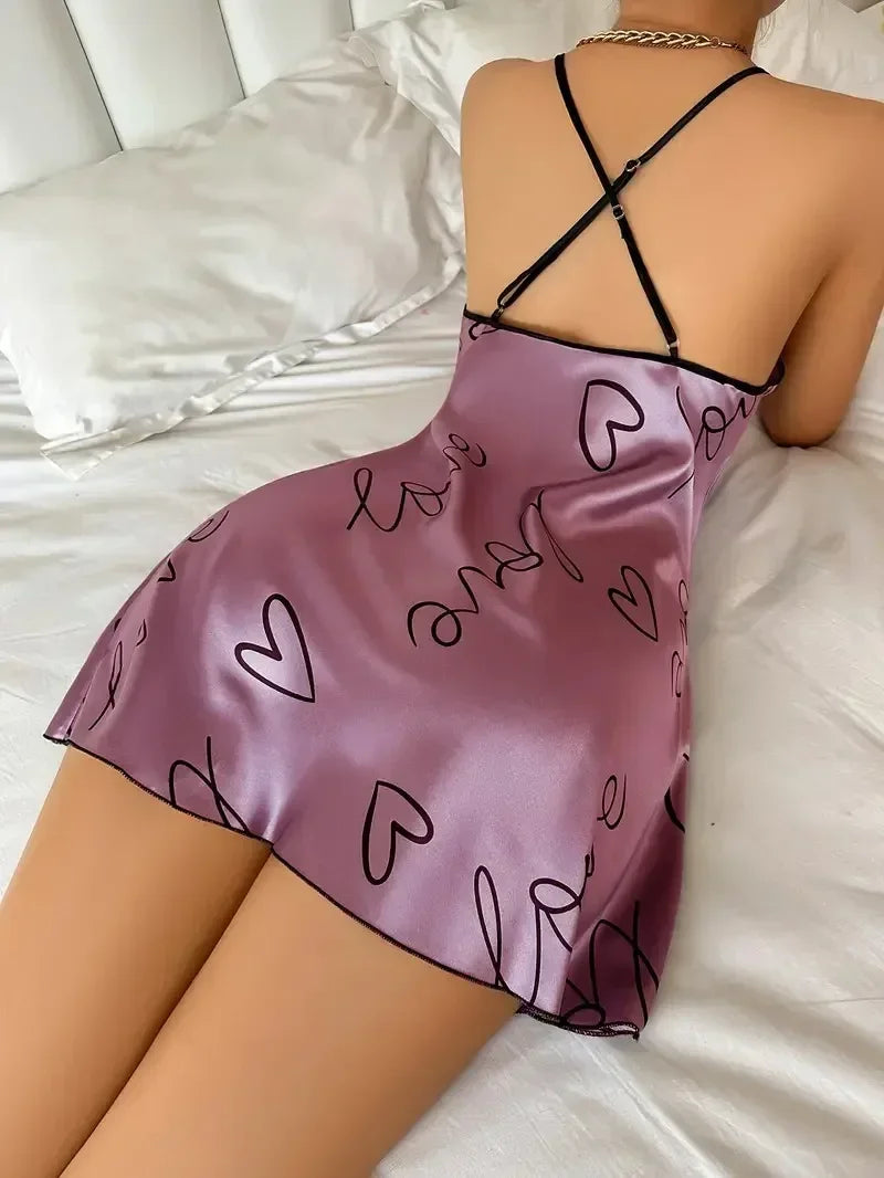 Valentine's Day Heart Printed Silk Satin Nightgowns for Women Sleepwear Sexy Nightdress Backless Nighties Lounge Wear