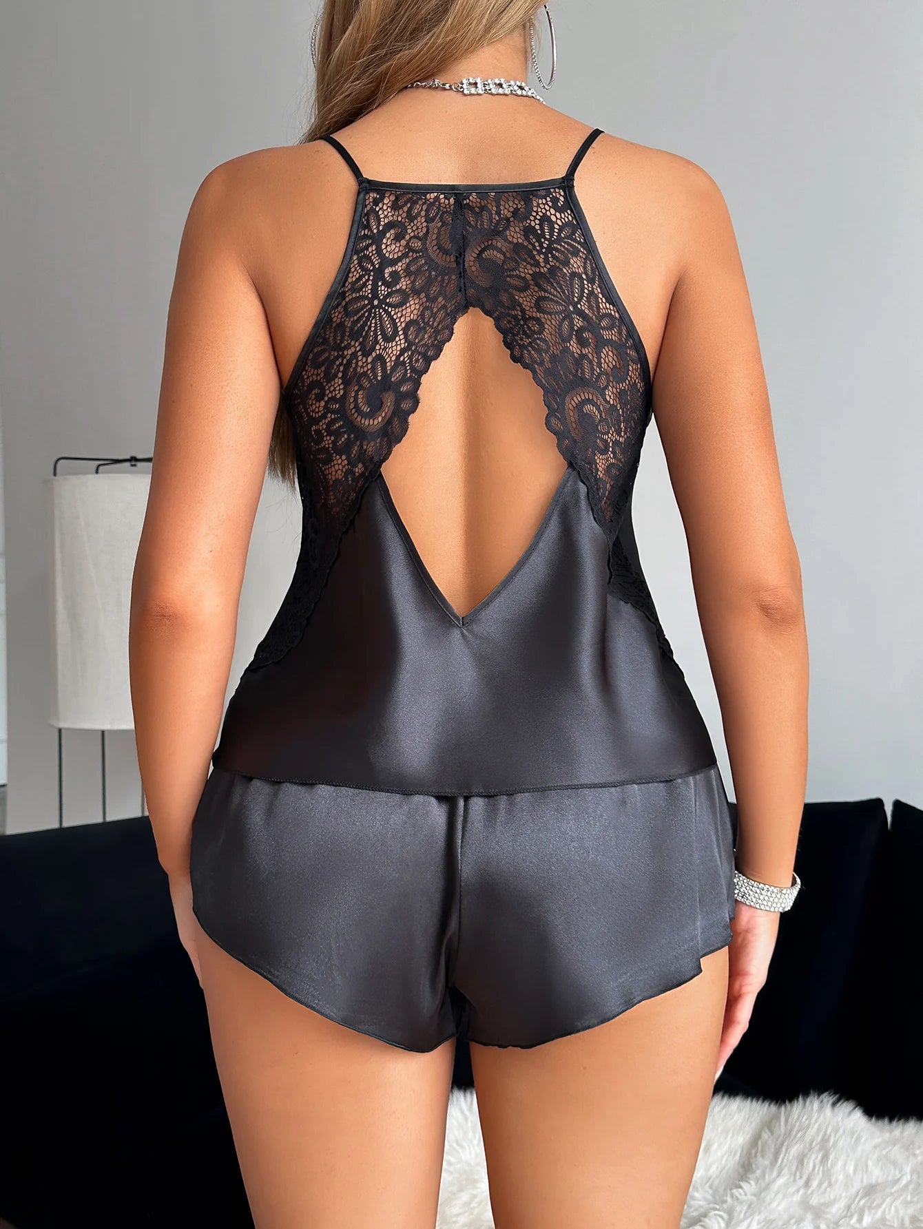 Fashion Backless Lace Pajamas Set For Women V Neck Spaghetti Strap 2 Piece Sleepwear Sexy Elegant Loungewear