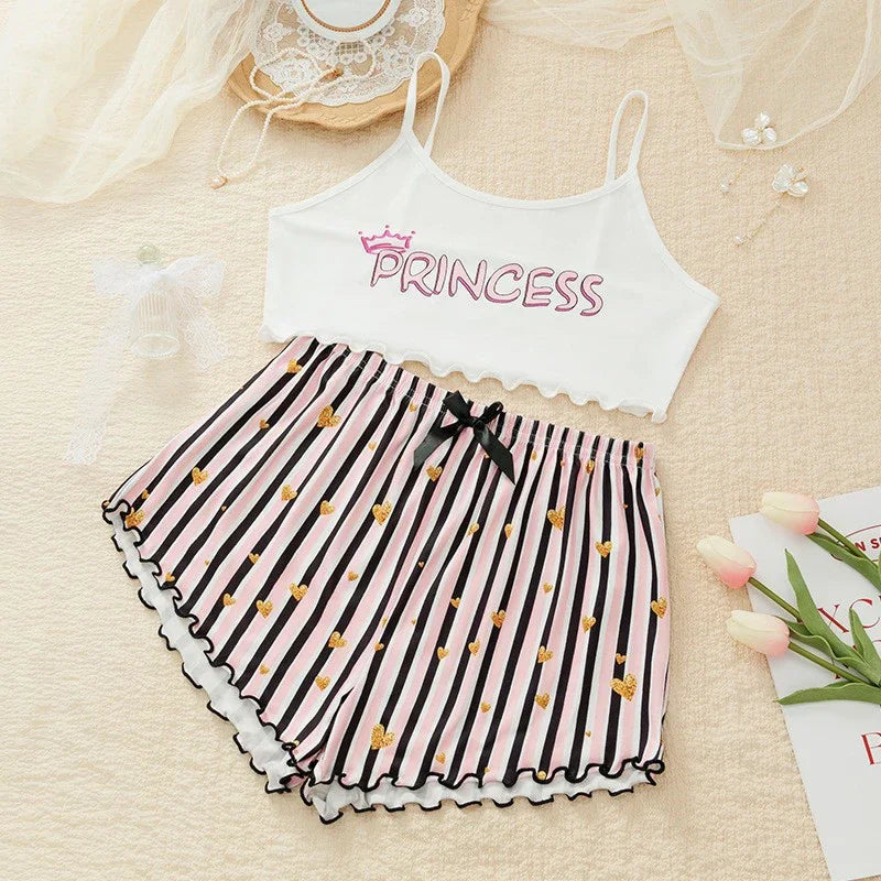Summer Pajamas Set Women Sleepwear Sexy Lingerie Casual Sleeveless Striped Tank Top Vest + Shorts Set Pijamas Homewear
