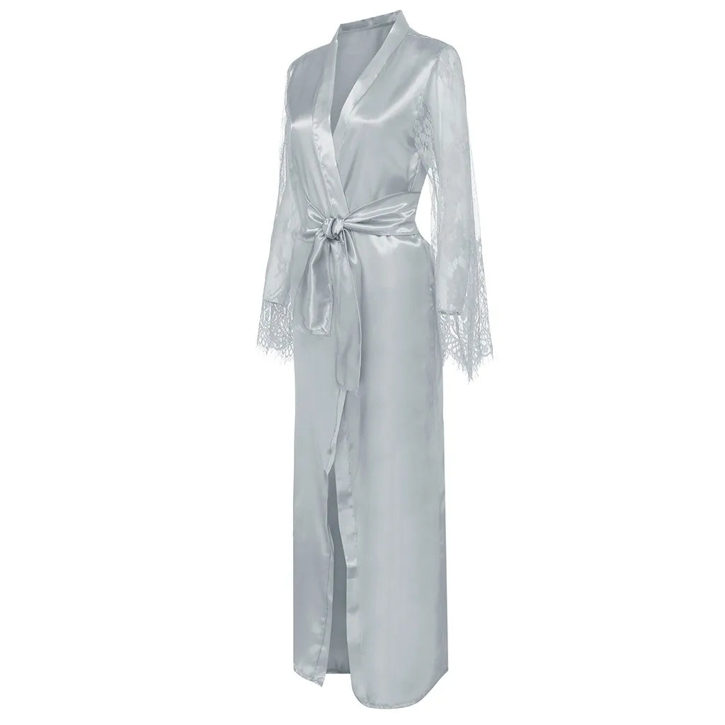 Women's Long Satin Lace Bridal Robe with Belt in Grey, view 10