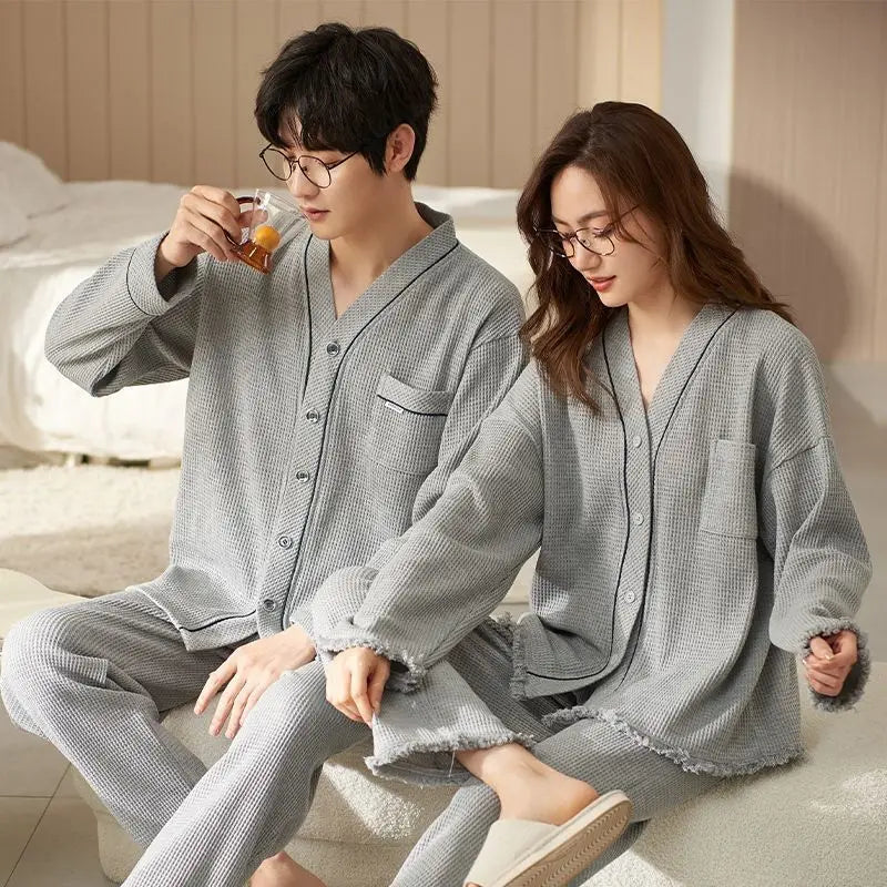 Korean Cardigan Cotton Pajama Set for Couples