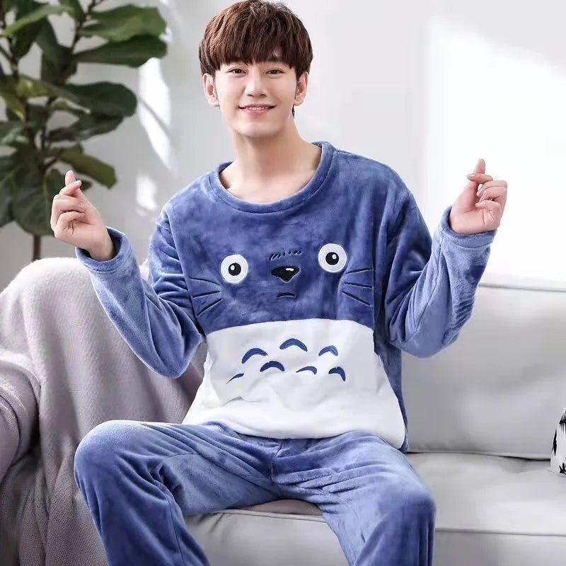 Men's Cartoon Thicken Warm Flannel Pajama Set