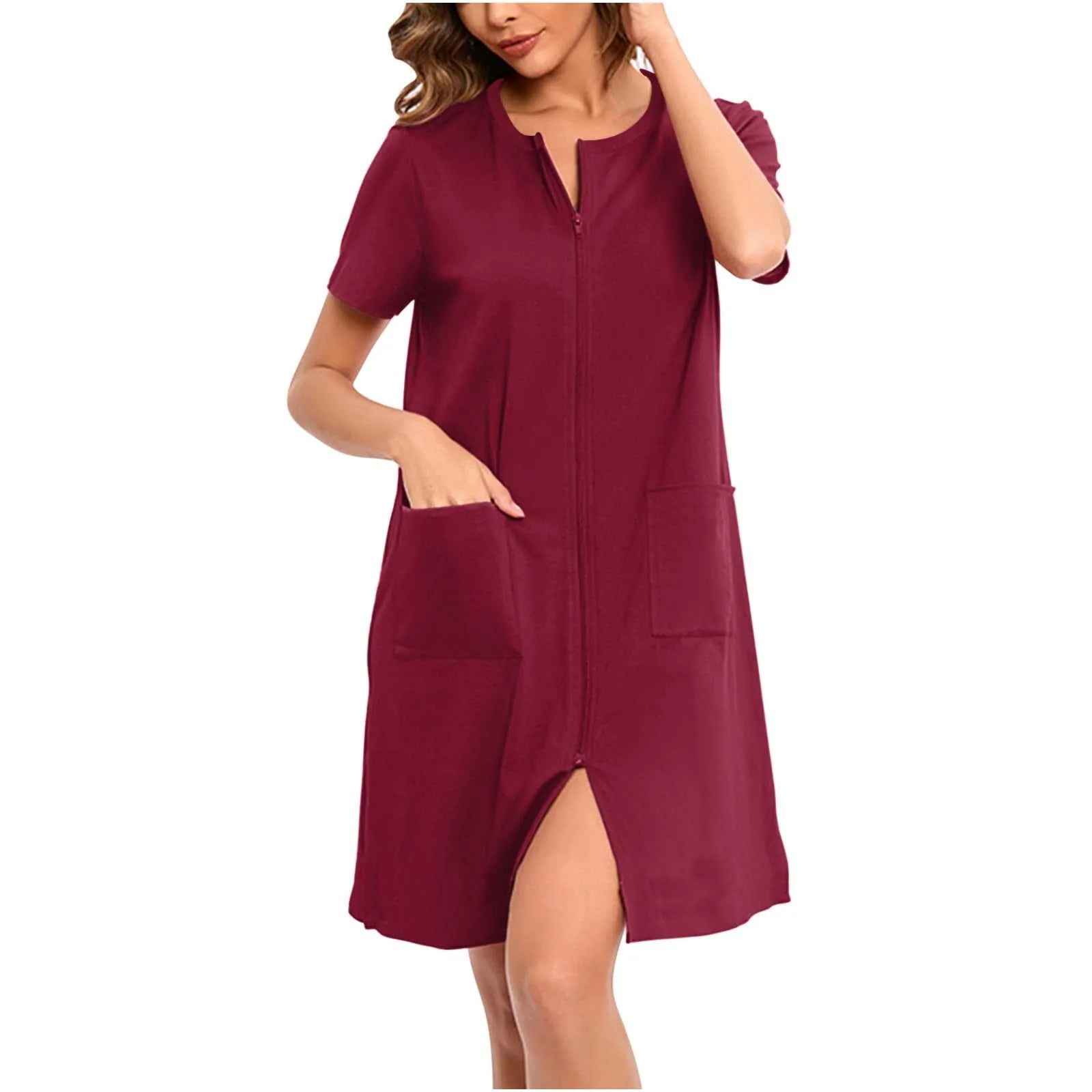 Women's Lightweight Zip-Front Short-Sleeve Robe with Pockets in Green, view 20