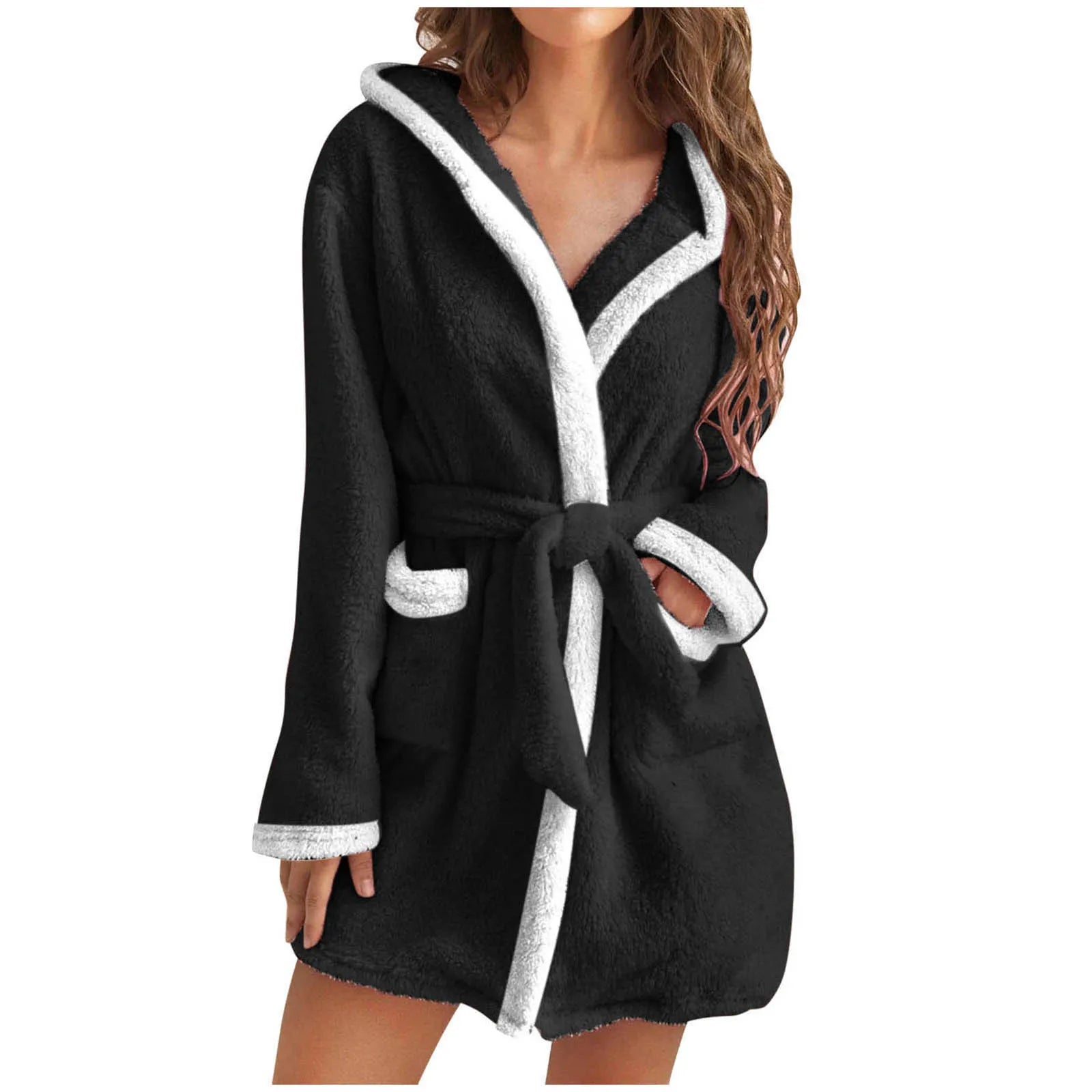 Women's Hooded Coral Fleece Warm Robe in Wine, view 12
