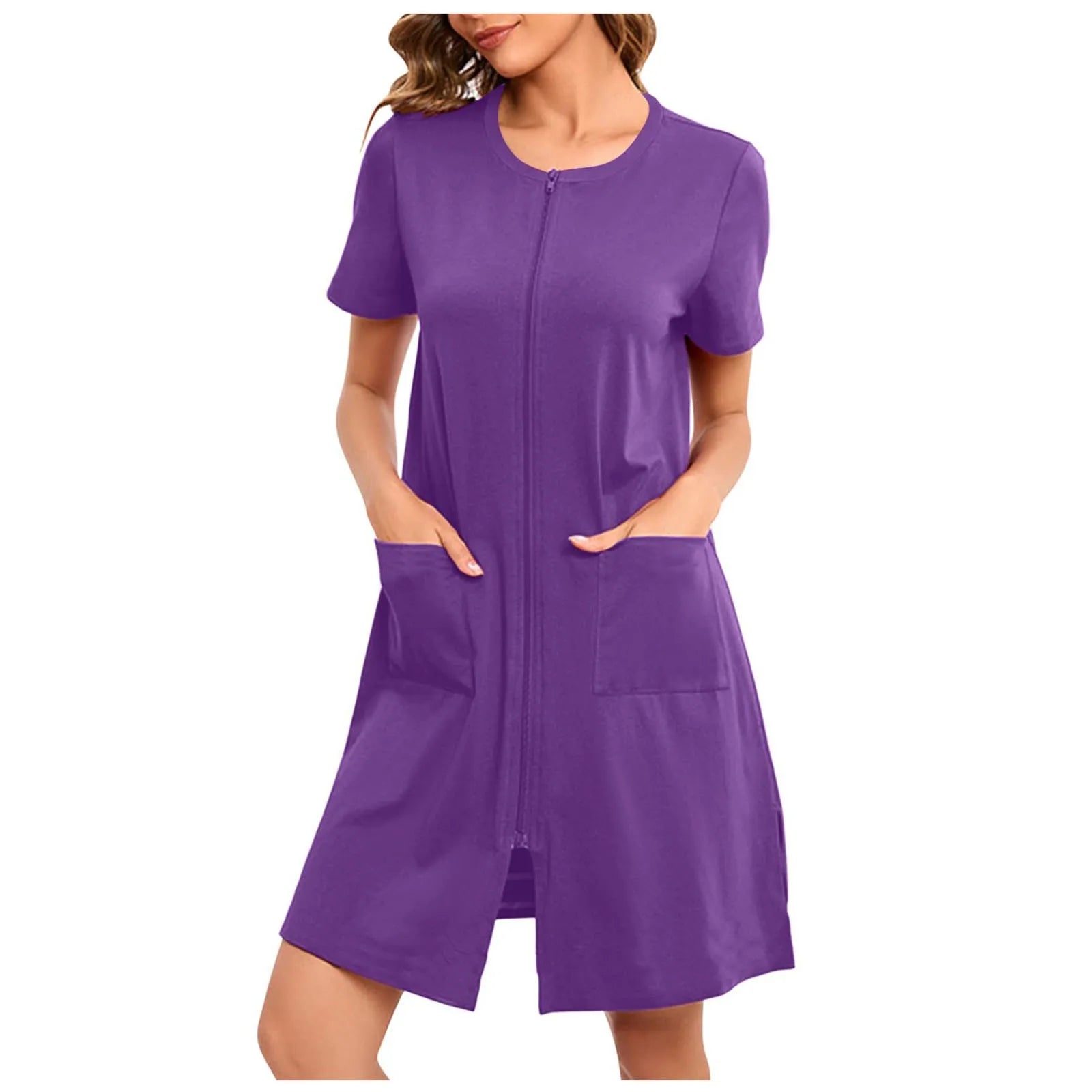 Women's Lightweight Zip-Front Short-Sleeve Robe with Pockets in Black, view 8