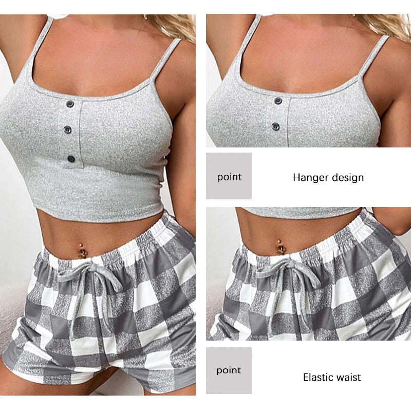 Suspender Top & Checkered Shorts Pajama Set for Women