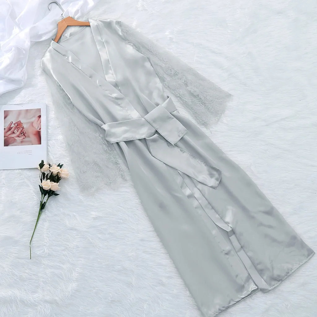 Women's Long Satin Lace Bridal Robe with Belt in Grey, view 9